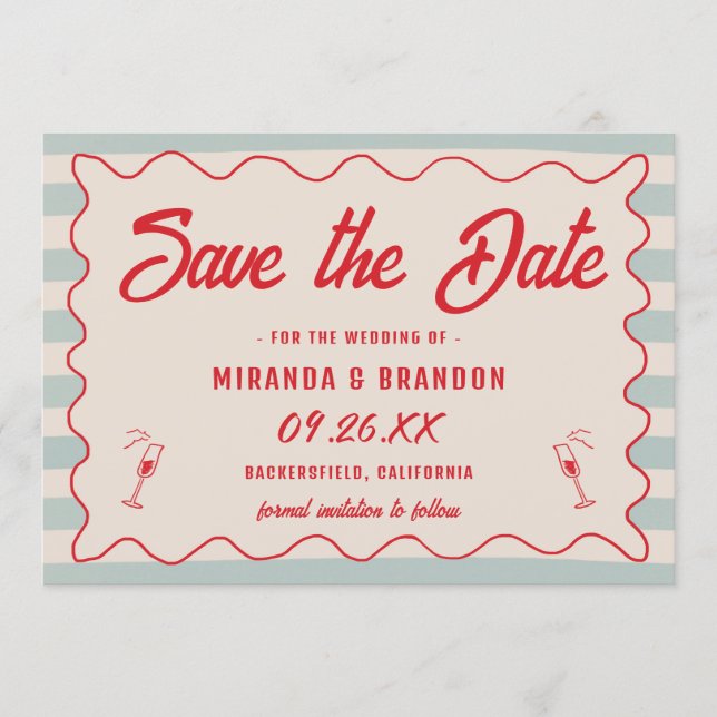 Red Script Blue Lines Retro QR Code Save the Date Invitation (Front)