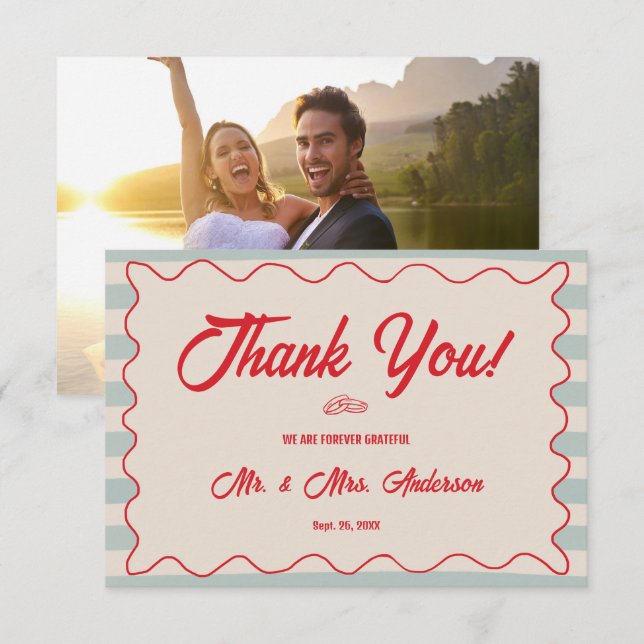 Red Script Blue Lines Retro Wedding Photo Thank You Card (Front/Back)