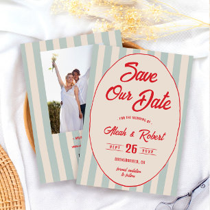 Red Script Blue Stripe Vintage Retro Save the Date Invitation