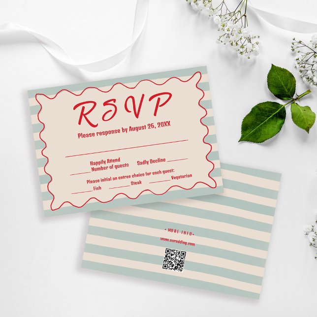 Red Script Blue Stripes QR Code Retro Wedding RSVP Card (Creator Uploaded)