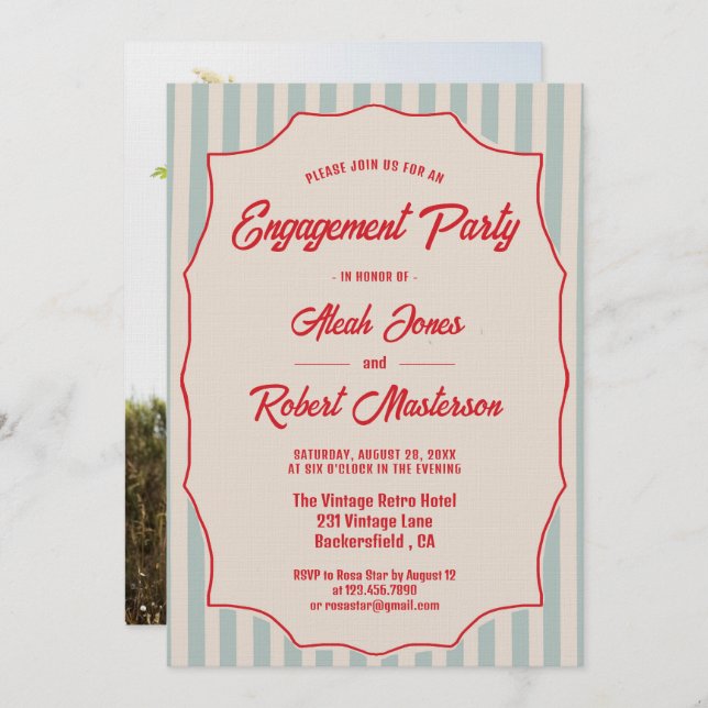 Red Script Blue Stripes Retro Photo Engagement Invitation (Front/Back)