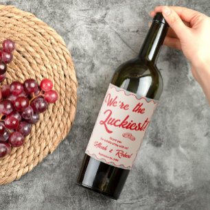 Red Script Blue Stripes Retro Wedding Wine Label