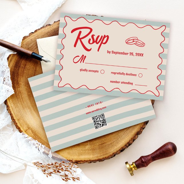 Red Script Blue Watercolor QR Code Retro Wedding RSVP Card (Creator Uploaded)