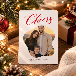 Red Script Cheers Organic Blob Photo Christmas Holiday Card