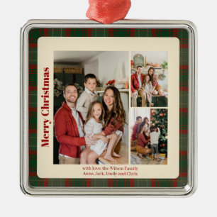 Red Script Classy Plaid 3 photos Christmas  Metal Ornament