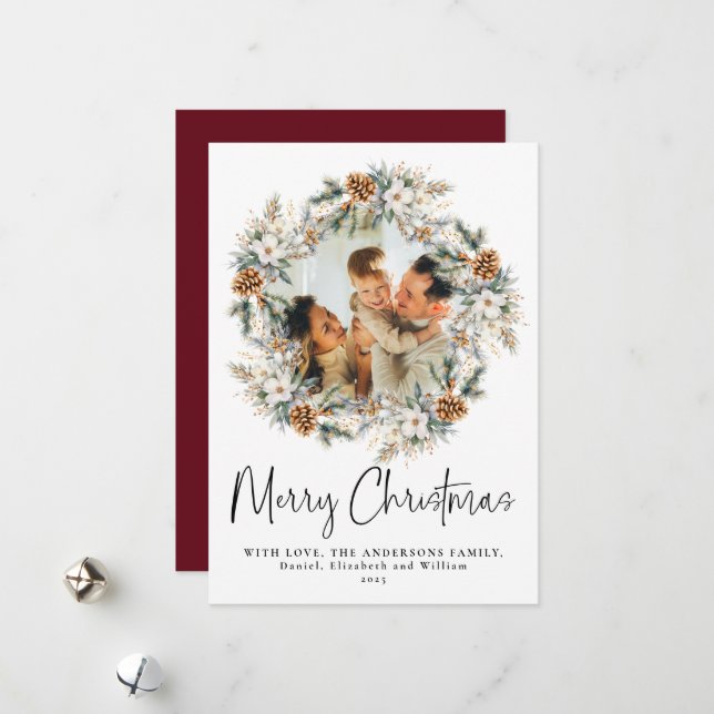 Red Script Elegant Botanical Wreath Christmas Holiday Card (Front/Back In Situ)
