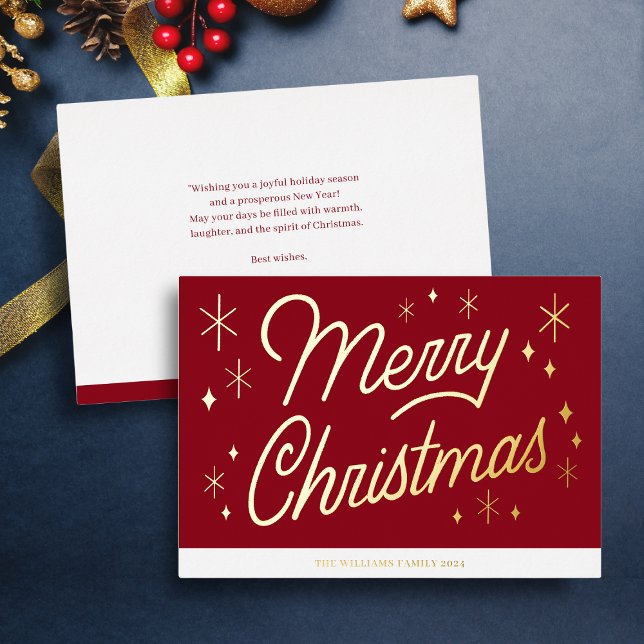 Red Script Gold Foil Christmas Card (Merry Christmas Script Lettering in Gold Foil, red background, custom message. Holiday Card.)