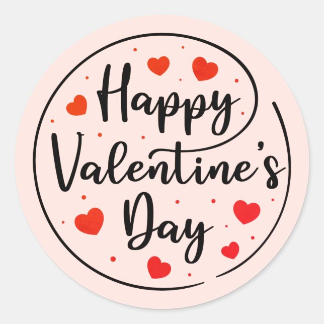Red Script Happy Valentine's Day with Hearts Classic Round Sticker (Front)