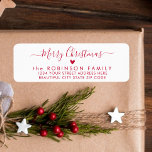 Red Script Heart Christmas Return Address Label<br><div class="desc">Elegant,  Modern Red and White Hand Lettered Christmas Family Return Address Labels. Featuring a pretty hand-written calligraphy swash-tail font script with saying "Merry Christmas",  a little love heart motif. Great for Christmas holiday season,  easy to personalize them with your names and return address info.</div>