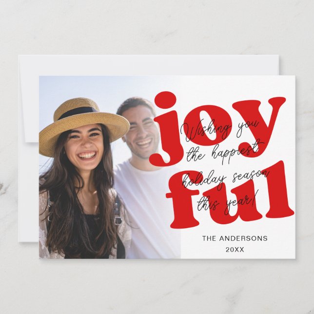 Red Script Joyful 1 Photo Christmas  Holiday Card (Front)