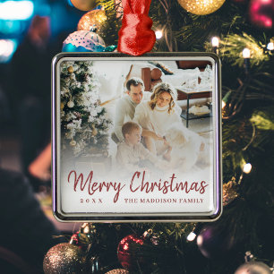 Red Script Merry Chirstmas One Sided Family Photo Metal Ornament