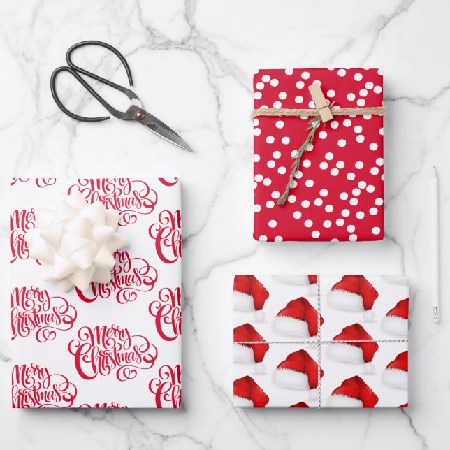 Red Script Merry Christmas, Polkadots & Santa Hat Wrapping Paper Sheet (Front)