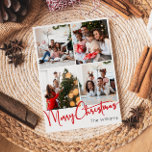 Red Script Merry Christmas Vertical 4 Photo Holiday Card<br><div class="desc">Celebrate the season with this festive red script Merry Christmas vertical 4 photo holiday card featuring a touch of elegant charm. The chic design showcases a simple red-and-white colour palette, evoking the cozy spirit of winter. Its modern and unique appeal and rustic wording create a perfect balance between seasonal and...</div>