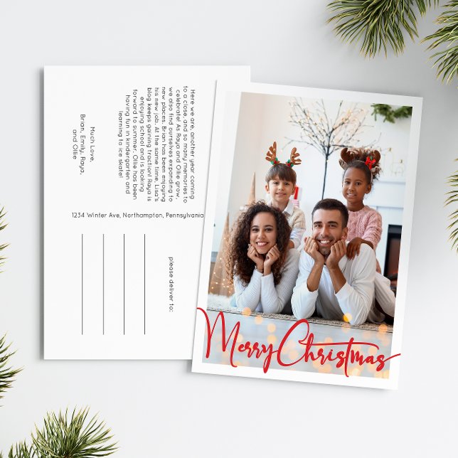 Red Script Merry Christmas Vertical full Photo Holiday Postcard (Creator Uploaded)