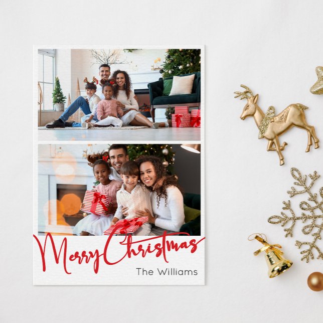 Red Script Merry Christmas Vertical Two Photo Holiday Card (Creator Uploaded)