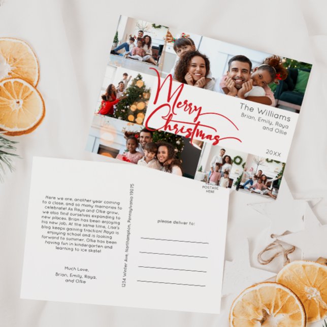 Red Script Merry Christmas Year In Review 6 Photo Holiday Postcard (Creator Uploaded)