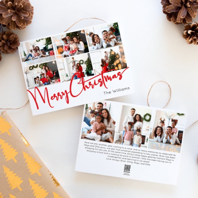Red Script Merry Christmas Year In Review 9 Photo Holiday Card (Creator Uploaded)