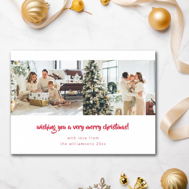 Red Script Minimalist Christmas 2 Photo Horizontal Holiday Card (Creator Uploaded)