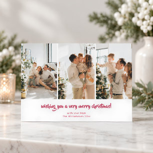 Red Script Minimalist Merry Christmas 4 Photo Holiday Card