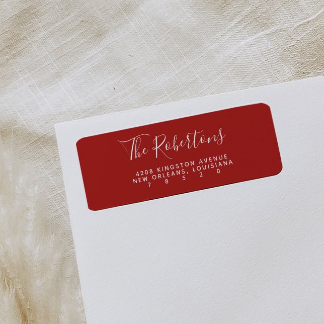 Red Script Name Return Address Labels (Red modern minimal script return address labels.)