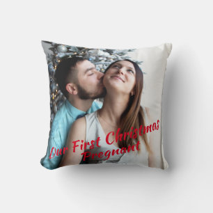 Red Script Our First Christmas Pregnant Photo Throw Pillow