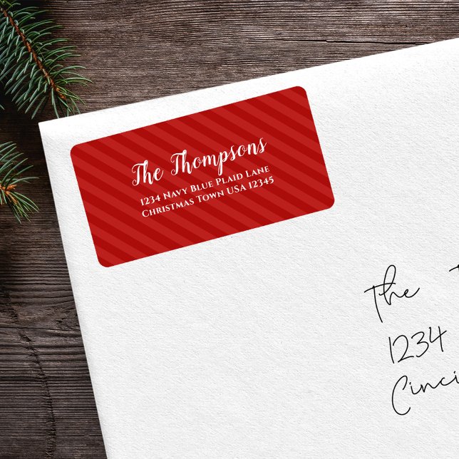 Red Script Return Address Christmas  Label (Simple cute red striped pattern with white text return address label. )
