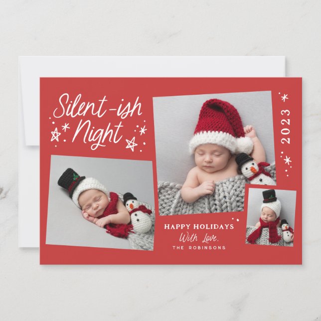 Red Script Silent-ish Night 3 Photo Collage Holiday Card (Front)