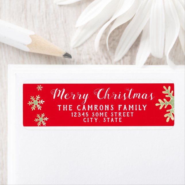 Red Script Snowflakes Merry Christmas Address (Insitu)