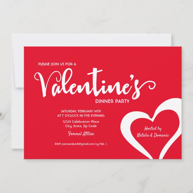 Red Script Valentine dinner party invitation (Front)