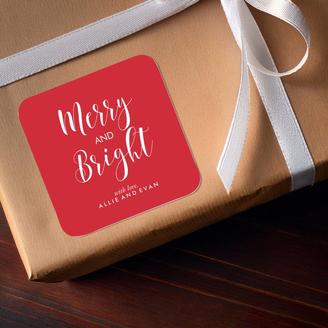 Red Scripted Merry and Bright Square Sticker (Creator Uploaded)