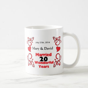 Red Scroll & Hearts Names & Date 20 Yr Anniversary Coffee Mug