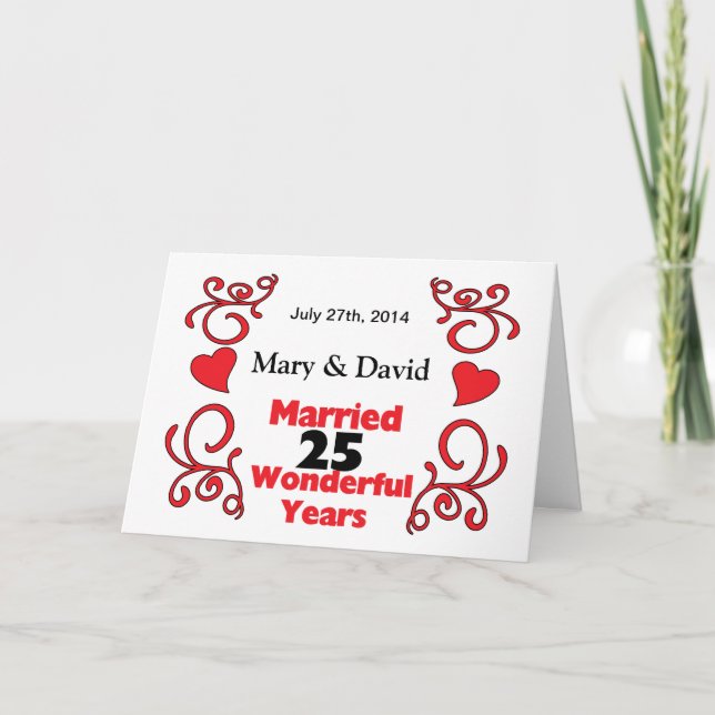 Red Scroll & Hearts Names & Date 25 Yr Anniversary Card (Front)