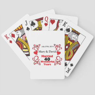 Red Scroll & Hearts Names & Date 40 Yr Anniversary Playing Cards