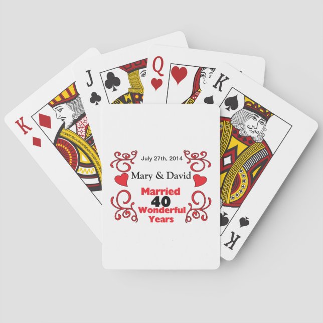 Red Scroll & Hearts Names & Date 40 Yr Anniversary Playing Cards (Back)