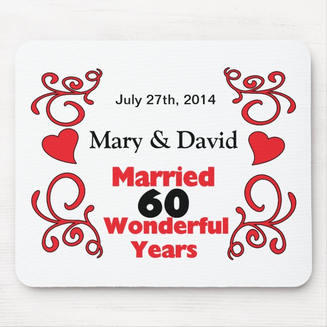 Red Scroll & Hearts Names & Date 60 Yr Anniversary Mouse Pad (Front)