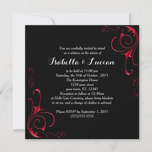 Red Scroll Modern Goth Wedding Invitations (Front)