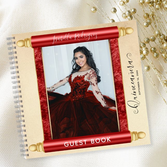 Red Scroll Photo Budget Quinceañera Livre d'or (Red Scroll Photo Budget Quinceañera Guest Book)