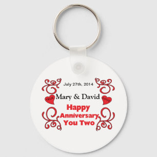 Red Scrolls & Heart Names & Date Happy Anniversary Keychain