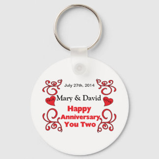 Red Scrolls & Heart Names & Date Happy Anniversary Keychain