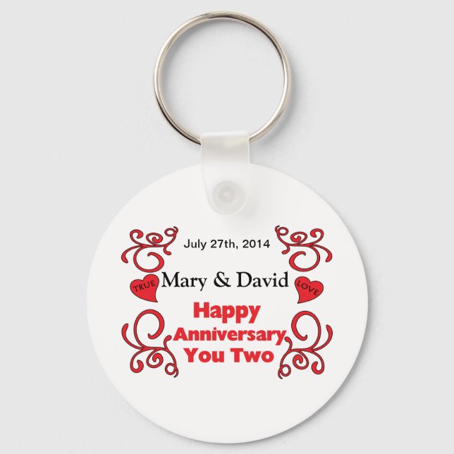 Red Scrolls & Heart Names & Date Happy Anniversary Keychain (Front)