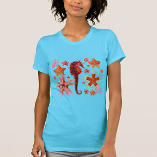 RED SEAHORSE AND SEASTARS IN AQUA BLUE Sea Life T-Shirt