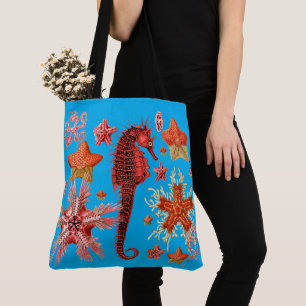 RED SEAHORSE AND SEASTARS IN AQUA BLUE Sea Life Tote Bag
