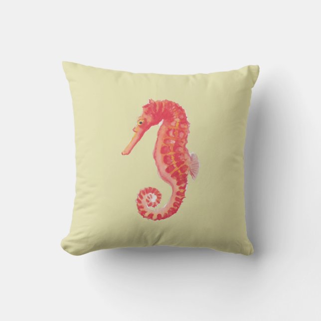Red Seahorse Beach House Yellow Outdoor Pillow (Front)
