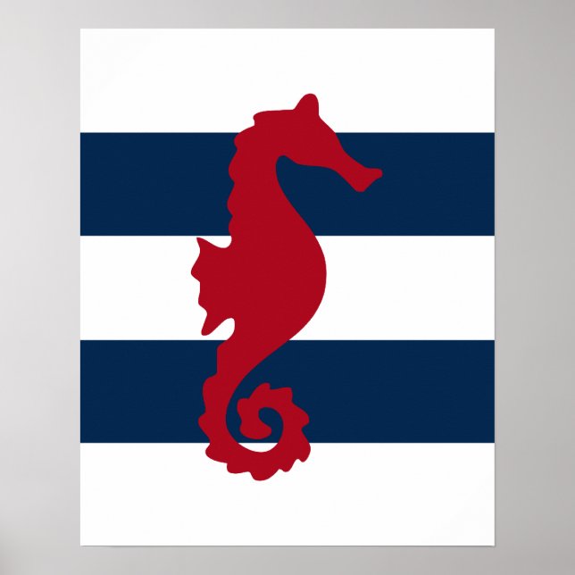 Red Seahorse sur marine & rayures blanches affiche (Devant)