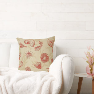 Red Seashells on Tan Throw Pillow