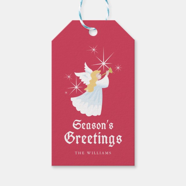 Red Seasons Greetings Angel Christmas Gift Tag (Front)