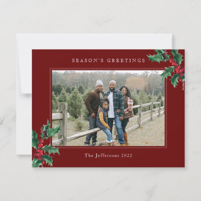Red Season's Greetings Christmas Custom Photo Holiday Card (Front)