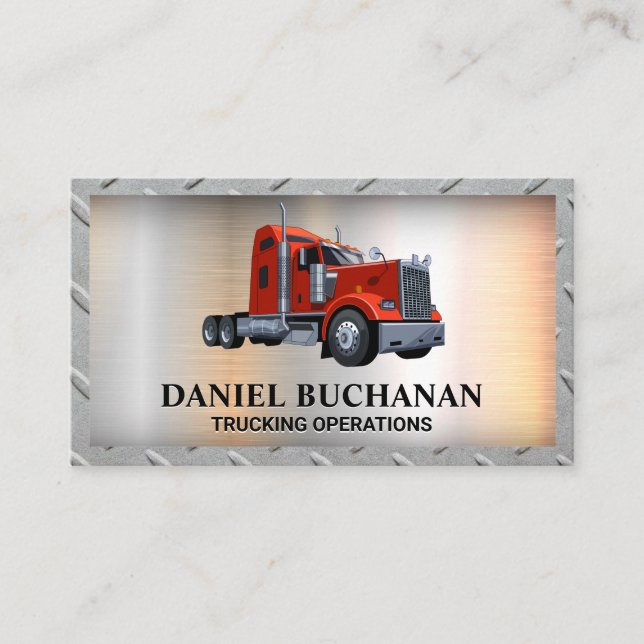 Red Semi Truck | Metal Background Business Card (Front)