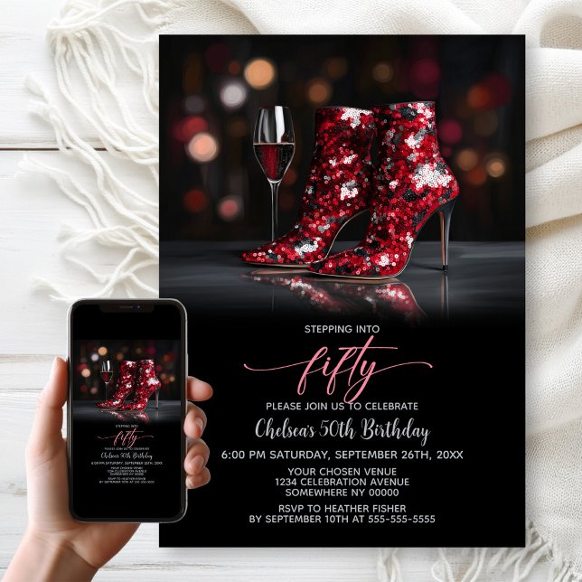 Red Sequin Boots 50th Birthday Party Invitation (Creator Uploaded)
