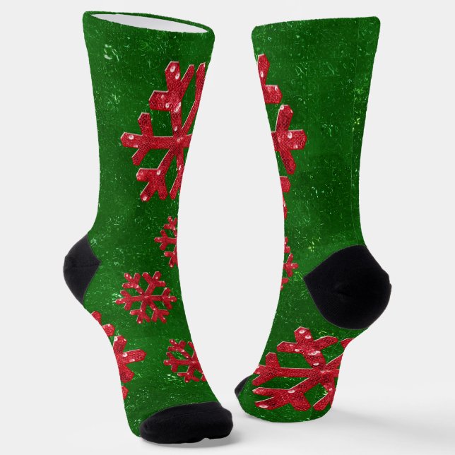 Red Sequin-Look Snowflake Christmas Socks (Angled)